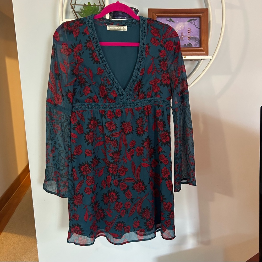 Abercrombie & Fitch Womens Dress S Green Floral Peasant Boho Whimsy Goth Y2K